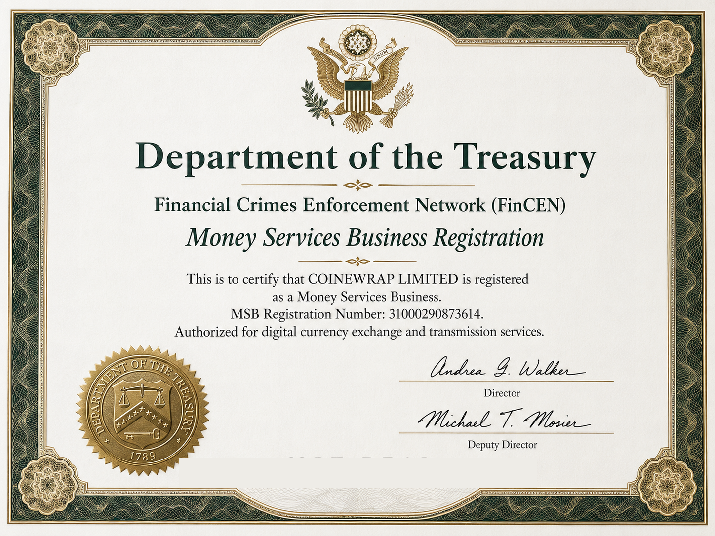 FinCEN US Money Services Business Certificate